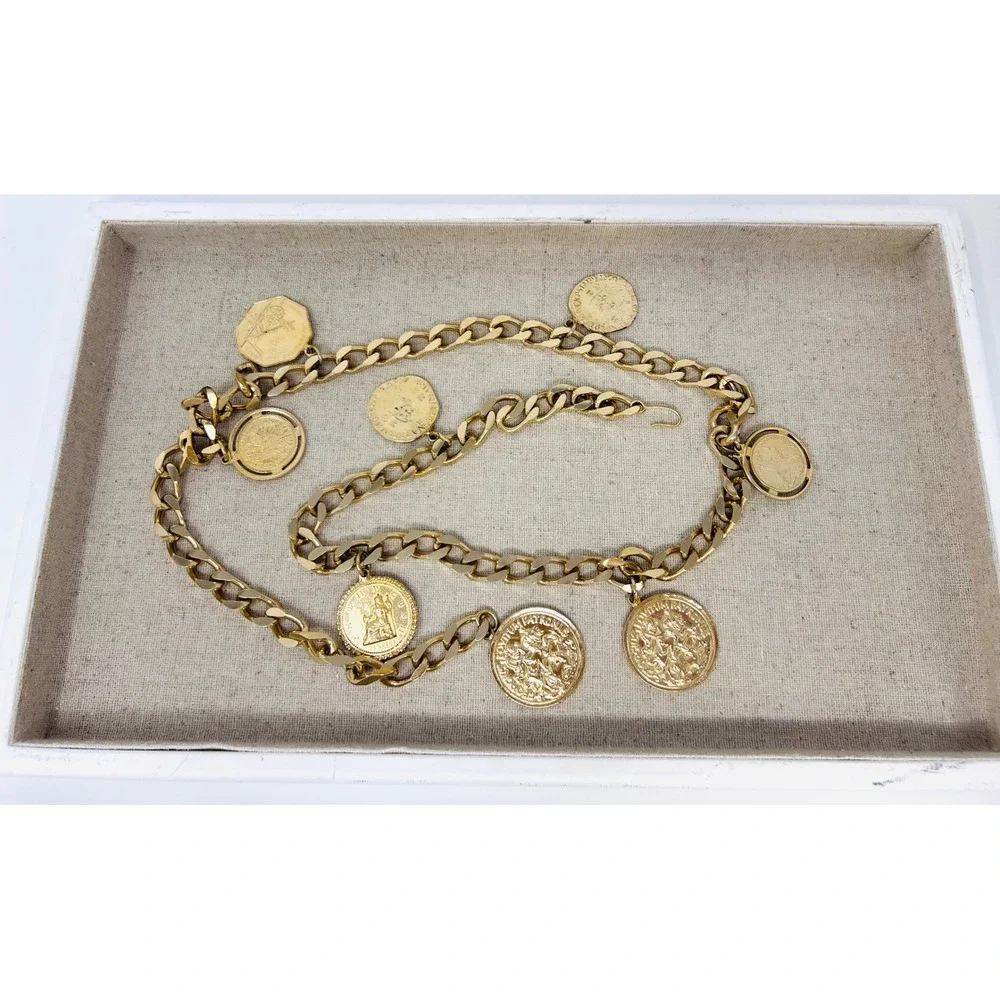 Vintage Gold Tone Curb Chain Coin Belt Statement Medallion Charms Adjustable